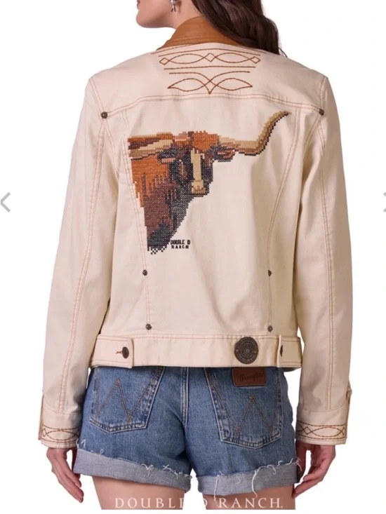 Double D Ranch Cream Jean Jacket with Embroidered Longhorn Back -Size Small NWT - Picture 3 of 10